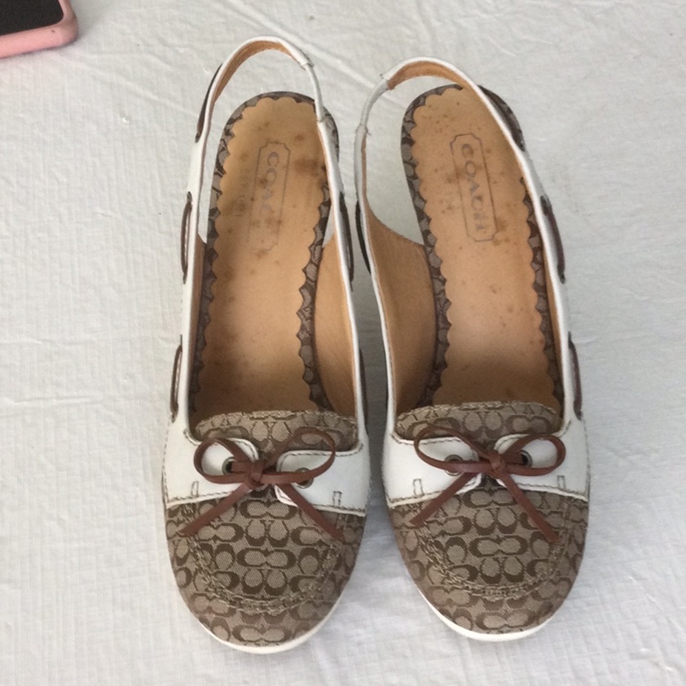 Coach Women's Brown and White Signature Wedge Slingbacks - Picture 2 of 10